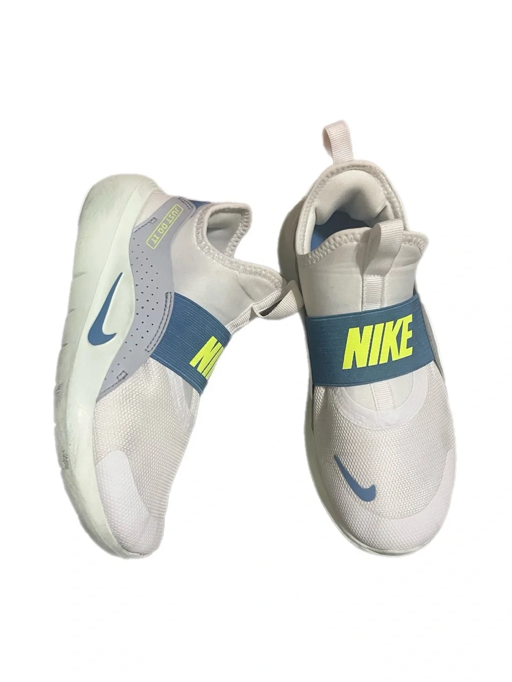 Nike Kids Slip-On Sneakers in White with Blue and Neon Yellow